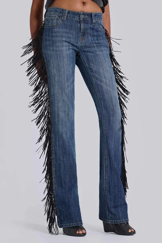 Jeans bootcut à franges El Topo, délavage bleu