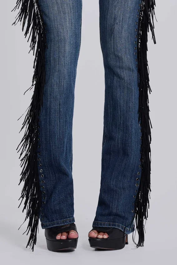 Jeans bootcut à franges El Topo, délavage bleu