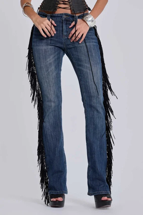 Jeans bootcut à franges El Topo, délavage bleu