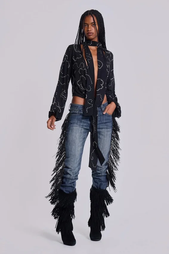 Jeans bootcut à franges El Topo, délavage bleu