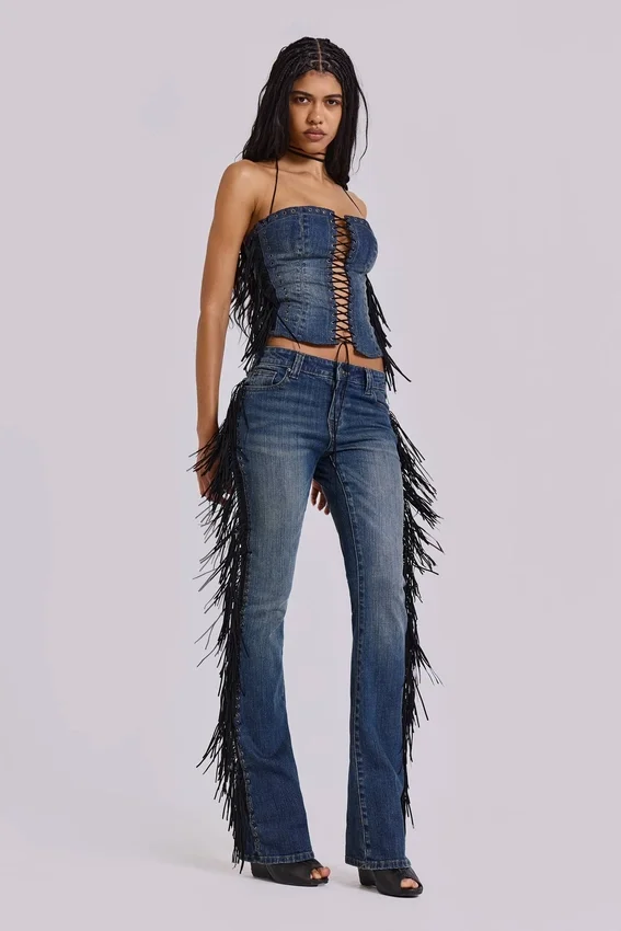 Jeans bootcut à franges El Topo, délavage bleu