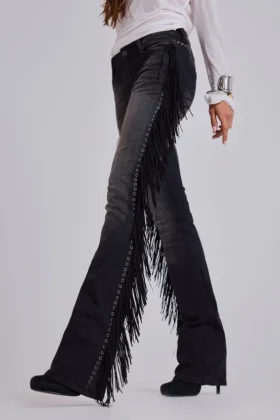 Jeans bootcut à franges El Topo, délavage noir