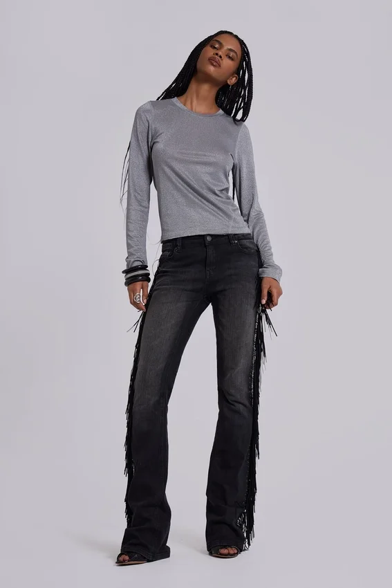 Jeans bootcut à franges El Topo, délavage noir