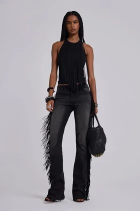 Jeans bootcut à franges El Topo, délavage noir