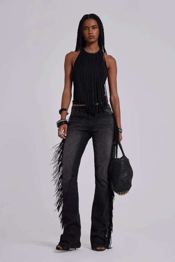 Jeans bootcut à franges El Topo, délavage noir