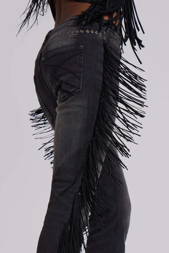 Jeans bootcut à franges El Topo, délavage noir