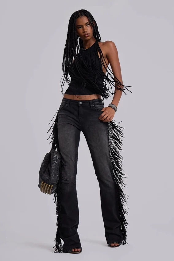 Jeans bootcut à franges El Topo, délavage noir