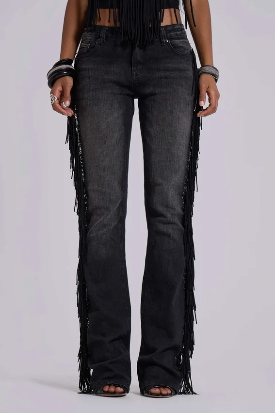 Jeans bootcut à franges El Topo, délavage noir