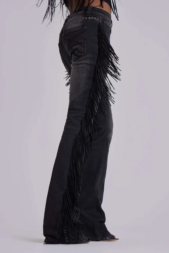 Jeans bootcut à franges El Topo, délavage noir