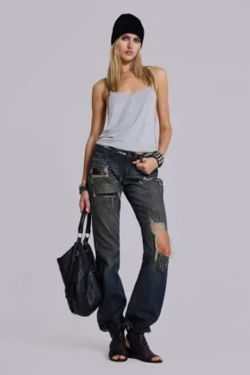 Jeans bootcut taille basse en dentelle délavée Tori