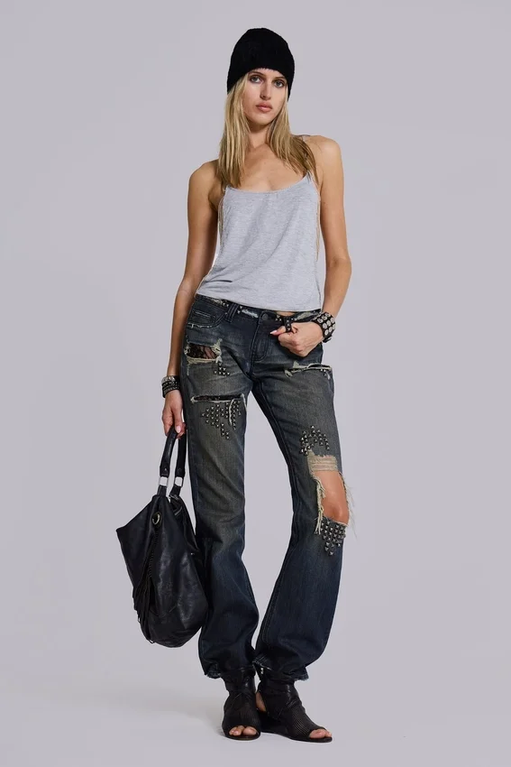 Jeans bootcut taille basse en dentelle délavée Tori