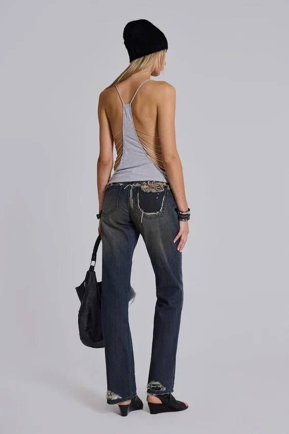 Jeans bootcut taille basse en dentelle délavée Tori