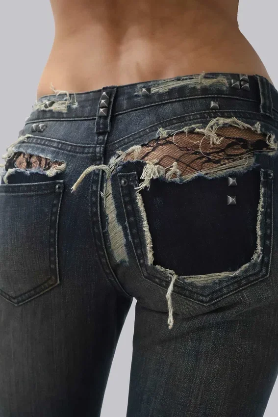 Jeans bootcut taille basse en dentelle délavée Tori