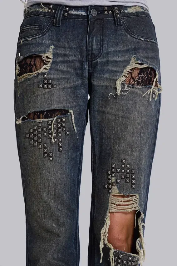 Jeans bootcut taille basse en dentelle délavée Tori