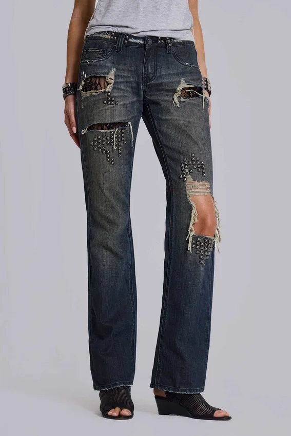 Jeans bootcut taille basse en dentelle délavée Tori