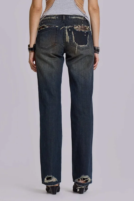 Jeans bootcut taille basse en dentelle délavée Tori