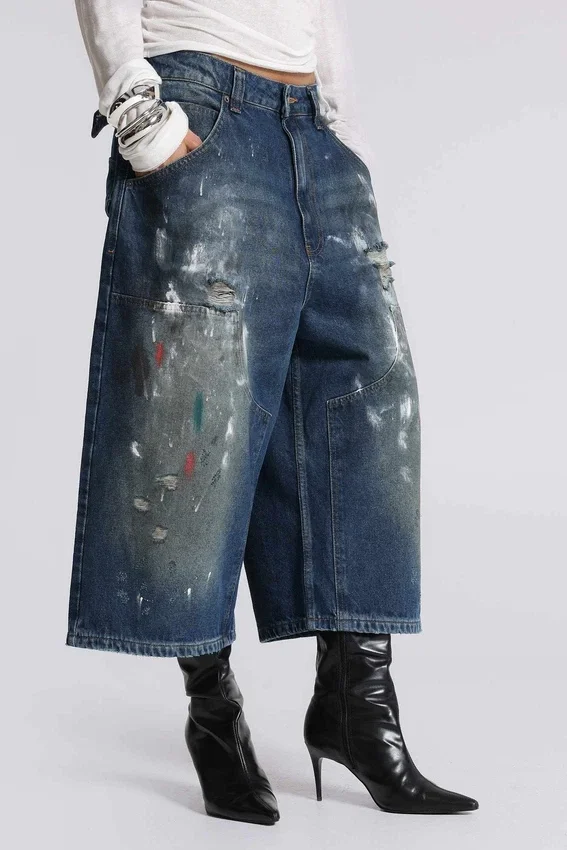 Jeans Carpenter court XL à effet éclaboussé