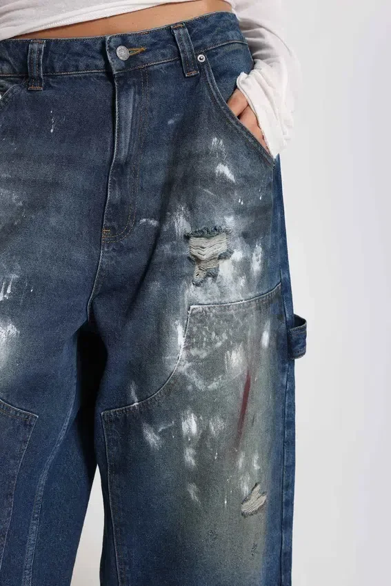 Jeans Carpenter court XL à effet éclaboussé