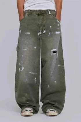 Jeans de charpentier ripstop kaki peint