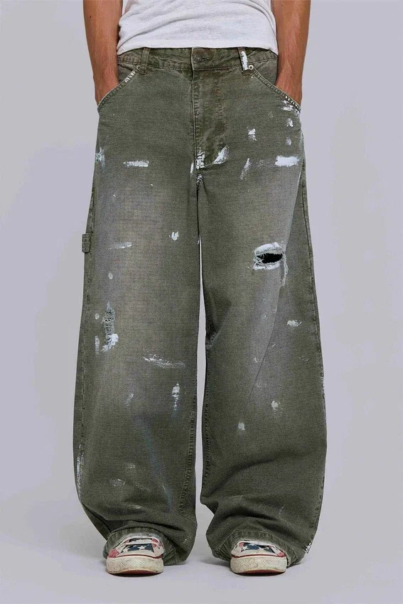 Jeans de charpentier ripstop kaki peint