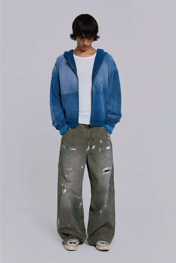 Jeans de charpentier ripstop kaki peint