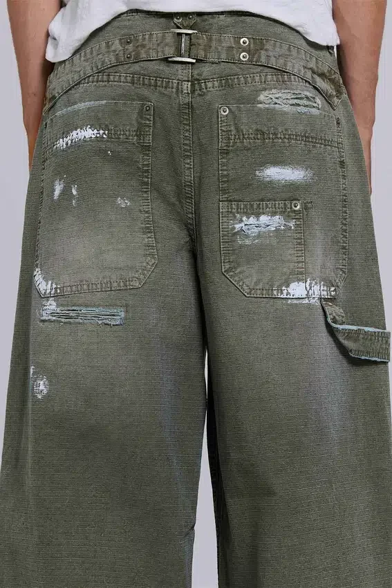 Jeans de charpentier ripstop kaki peint