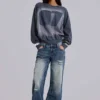 Jeans Hunter ample à jambes droites, délavage bleu