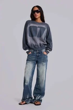 Jeans Hunter ample à jambes droites, délavage bleu