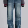 Jeans Hunter ample à jambes droites, délavage bleu