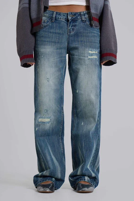 Jeans Hunter ample à jambes droites, délavage bleu