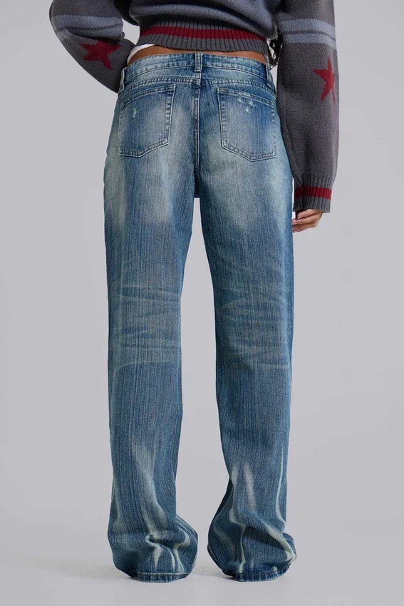 Jeans Hunter ample à jambes droites, délavage bleu