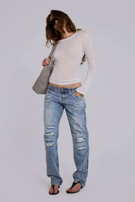 Jeans Rider taille basse à coupe droite, délavage clair