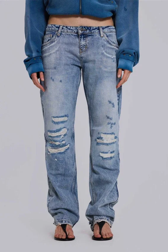 Jeans Rider taille basse à coupe droite, délavage clair