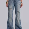 Jeans évasés « Drift » bleu moyen, effet vieilli et froissé