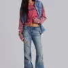 Jeans évasés « Drift » bleu moyen, effet vieilli et froissé