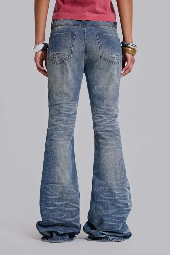 Jeans évasés « Drift » bleu moyen, effet vieilli et froissé