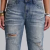 Jeans évasés « Drift » bleu moyen, effet vieilli et froissé
