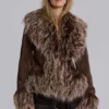 Manteau Leonie à bordure en fausse fourrure mongole, couleur marron