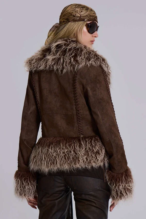 Manteau Leonie à bordure en fausse fourrure mongole, couleur marron