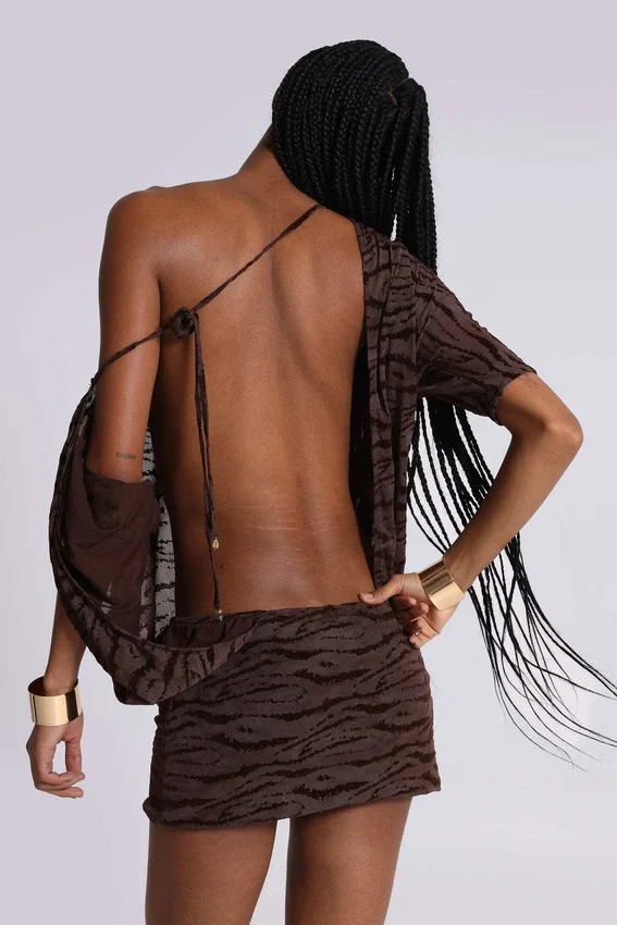 Mini-robe dos nu en jersey dévoré « Ophidian » motif zèbre