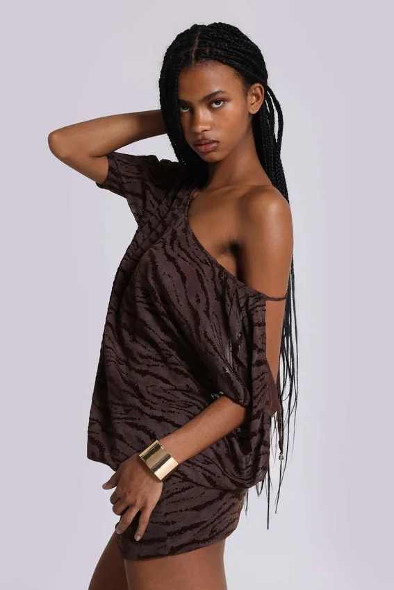 Mini-robe dos nu en jersey dévoré « Ophidian » motif zèbre