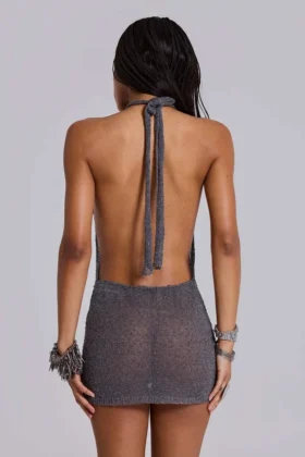 Mini-robe dos nu en maille Infinity, couleur gris métallisé