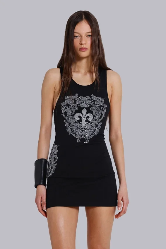 Mini-robe gilet « Fleur de Lis » à strass Rock Revival