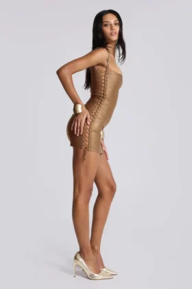 Mini-robe « Idol » en tissu bandage métallisé, couleur bronze