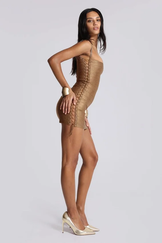 Mini-robe « Idol » en tissu bandage métallisé, couleur bronze
