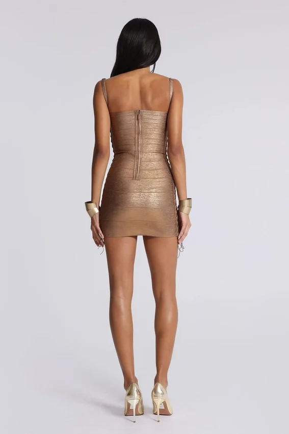 Mini-robe « Idol » en tissu bandage métallisé, couleur bronze
