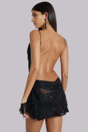 Mini-robe noire Shadea en dentelle appliquée