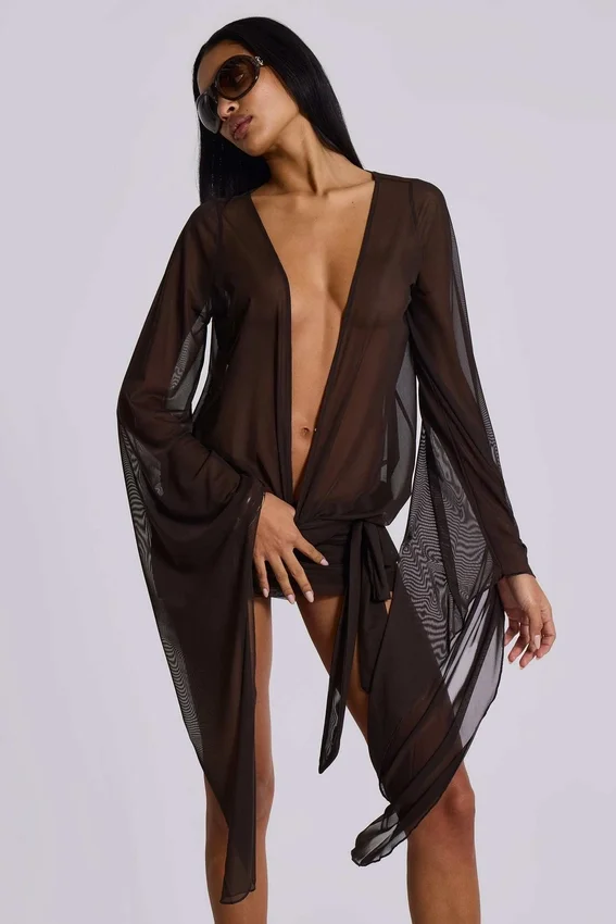 Mini-robe plongeante en maille Aria, marron