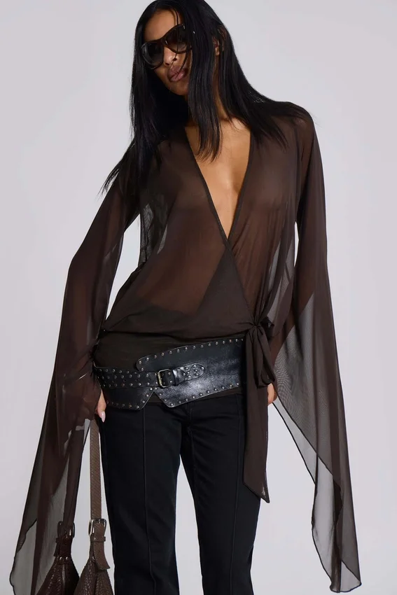 Mini-robe plongeante en maille Aria, marron
