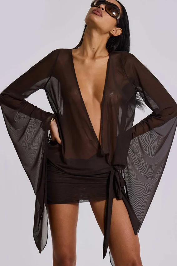 Mini-robe plongeante en maille Aria, marron